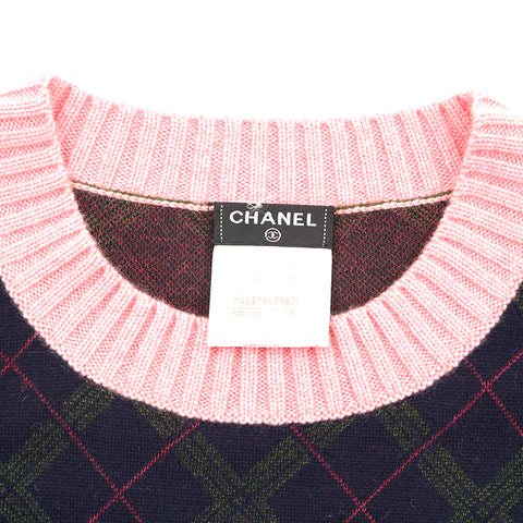 香奈儿香奈儿（Chanel Chanel）可可标记＃36标志检查短袖上衣剪切-Saw Cashmere Navy X Pink EIT0943