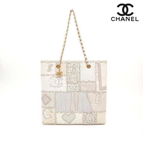 Chanel CHANEL Patchwork Chain Tote Bag White EIT1020 – NUIR VINTAGE