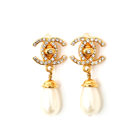 Chanel CC Large Rhinestone Pearl Earrings