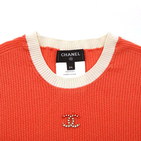 シャネル CHANEL バイカラー ラインストーン ココマーク ニット 半袖Ｔシャツ ピンク eit1087