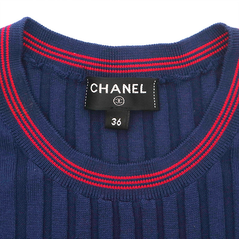 シャネル CHANEL シルクニット リブ カットソー 半袖Ｔシャツ ネイビー ...