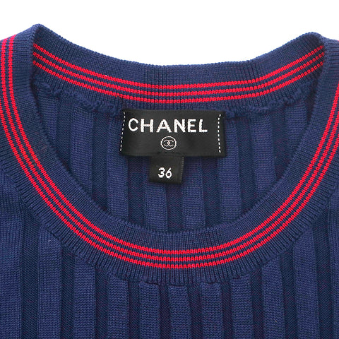 シャネル CHANEL シルクニット リブ カットソー 半袖Ｔシャツ ネイビー eit1106