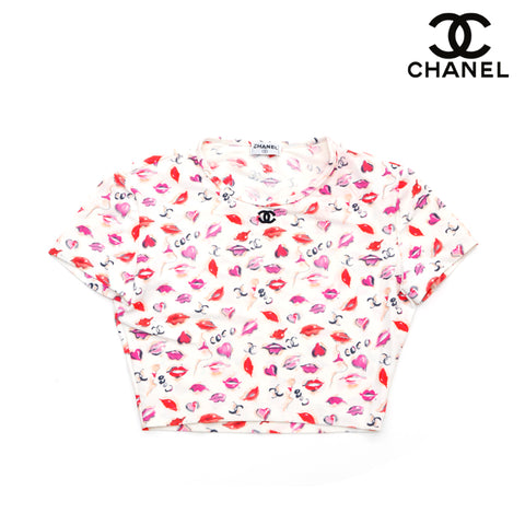 シャネル CHANEL リッププリント クロップド 半袖Ｔシャツ ナイロン ホワイトxピンク eit1240