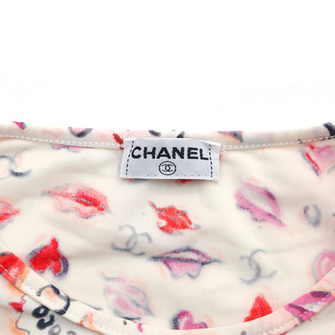 シャネル CHANEL リッププリント クロップド 半袖Ｔシャツ ナイロン ホワイトxピンク eit1240